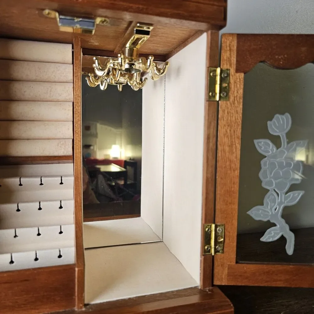 Vintage Wooden Jewelry Armoire with Etched Floral Glass Doors & Hinge Top Lid